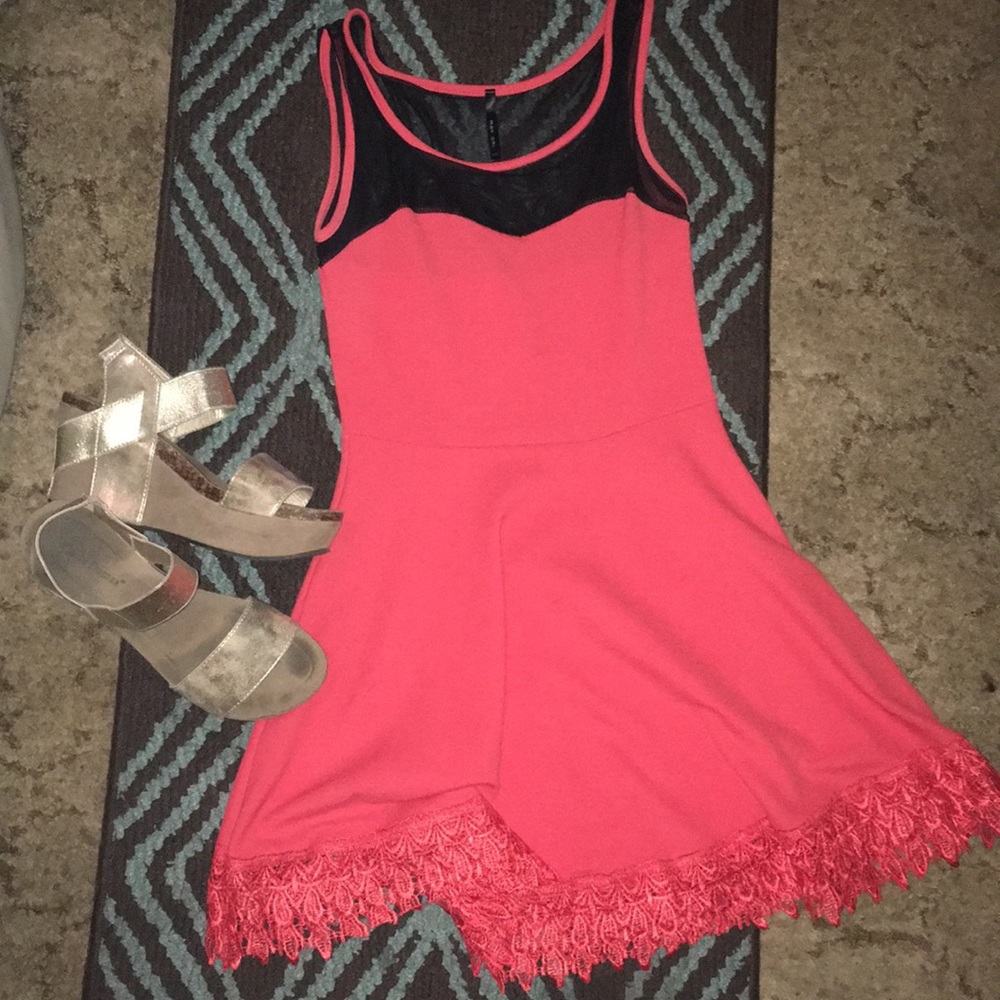 Coral Mesh Detail Neckline Fit and Flare Dress